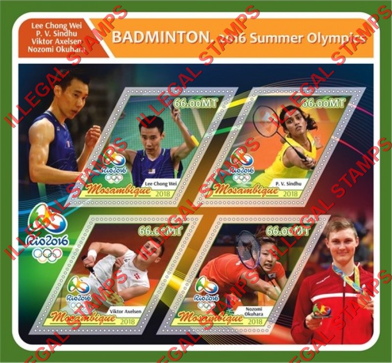 Mozambique 2018 Olympic Games in Rio in 2016 Badminton Players Counterfeit Illegal Stamp Souvenir Sheet of 4 Mozambique 2018 Olympic Games in Rio in 2016 Badminton Players Counterfeit Illegal Stamp Souvenir Sheet of 4