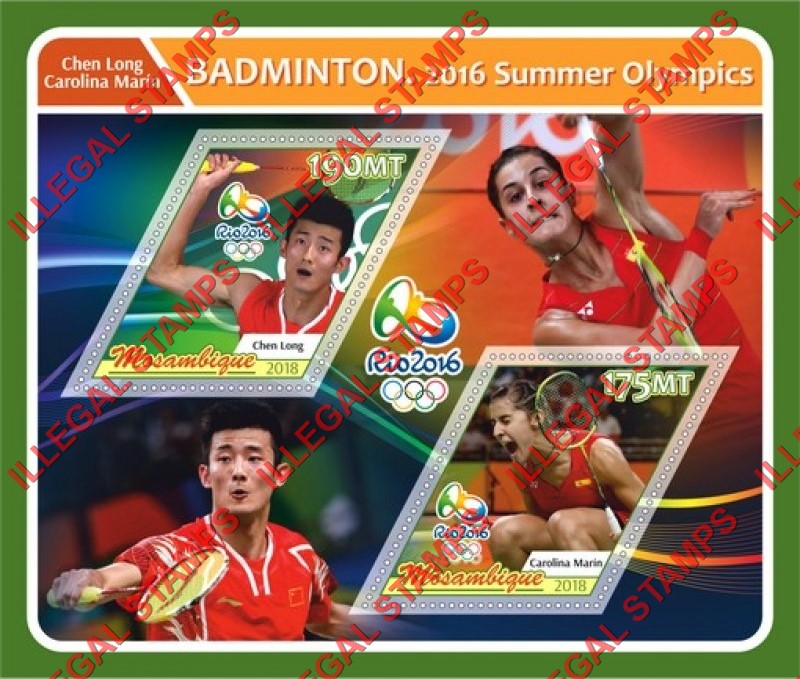 Mozambique 2018 Olympic Games in Rio in 2016 Badminton Players Counterfeit Illegal Stamp Souvenir Sheet of 2 Mozambique 2018 Olympic Games in Rio in 2016 Badminton Players Counterfeit Illegal Stamp Souvenir Sheet of 2