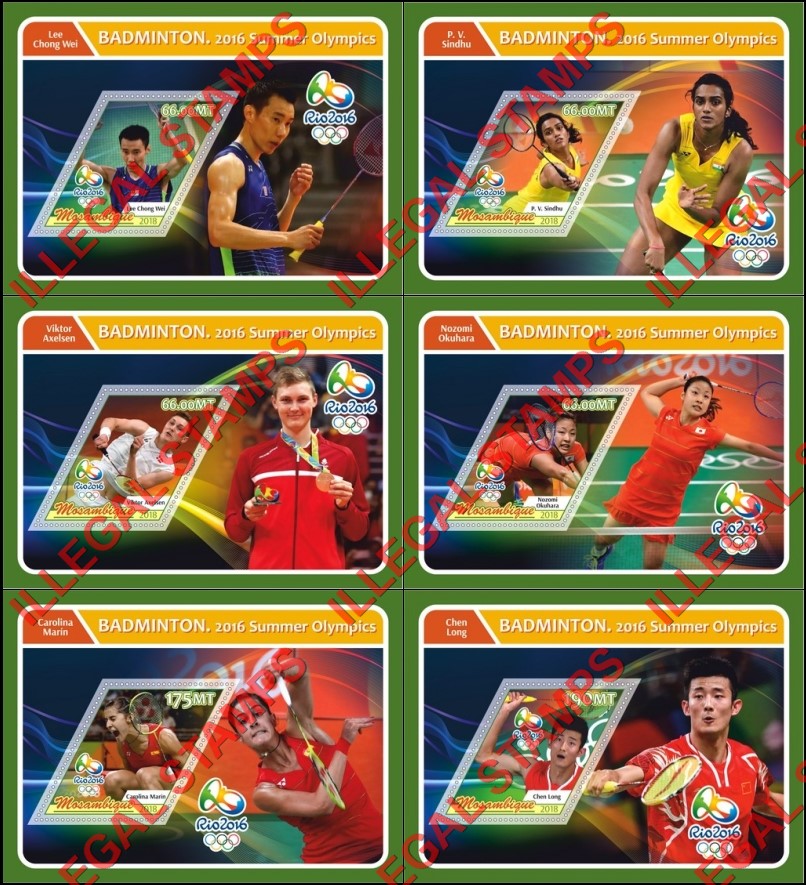 Mozambique 2018 Olympic Games in Rio in 2016 Badminton Players Counterfeit Illegal Stamp Souvenir Sheets of 1 Mozambique 2018 Olympic Games in Rio in 2016 Badminton Players Counterfeit Illegal Stamp Souvenir Sheets of 1