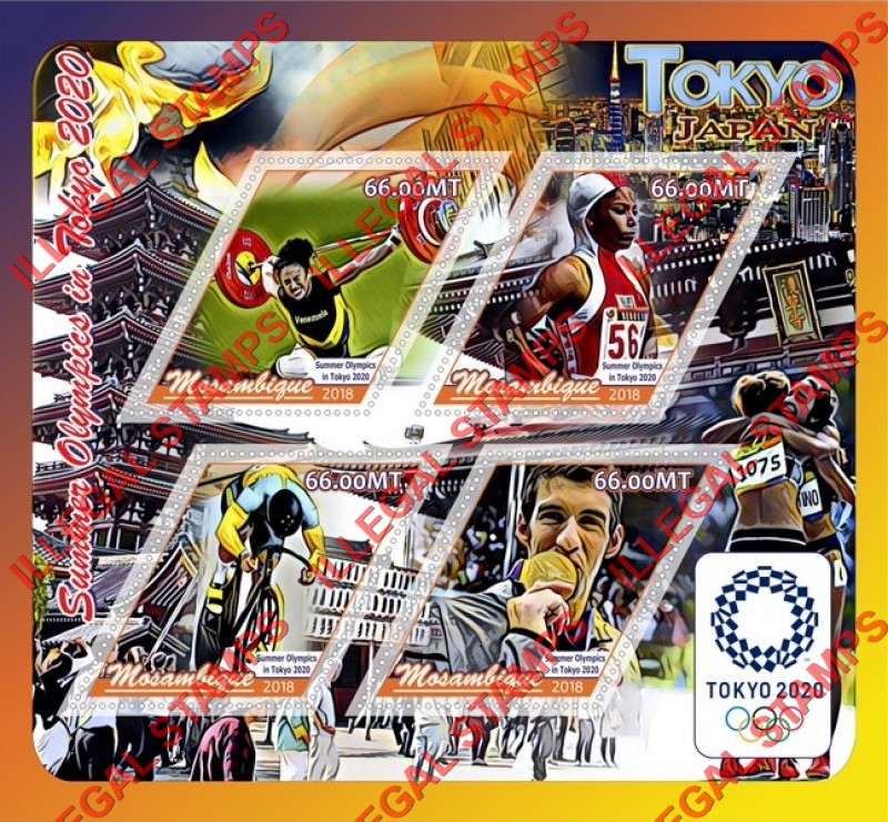 Mozambique 2018 Olympic Games in Tokyo in 2020 Counterfeit Illegal Stamp Souvenir Sheet of 4 Mozambique 2018 Olympic Games in Tokyo in 2020 Counterfeit Illegal Stamp Souvenir Sheet of 4