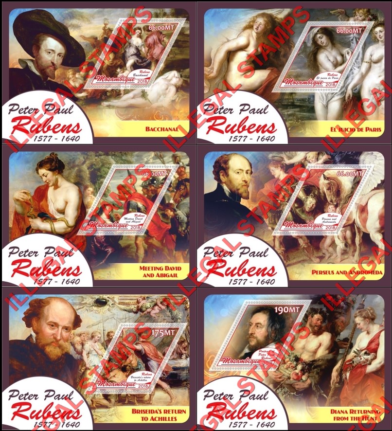 Mozambique 2018 Paintings by Peter Paul Rubens Counterfeit Illegal Stamp Souvenir Sheets of 1 Mozambique 2018 Paintings by Peter Paul Rubens Counterfeit Illegal Stamp Souvenir Sheets of 1
