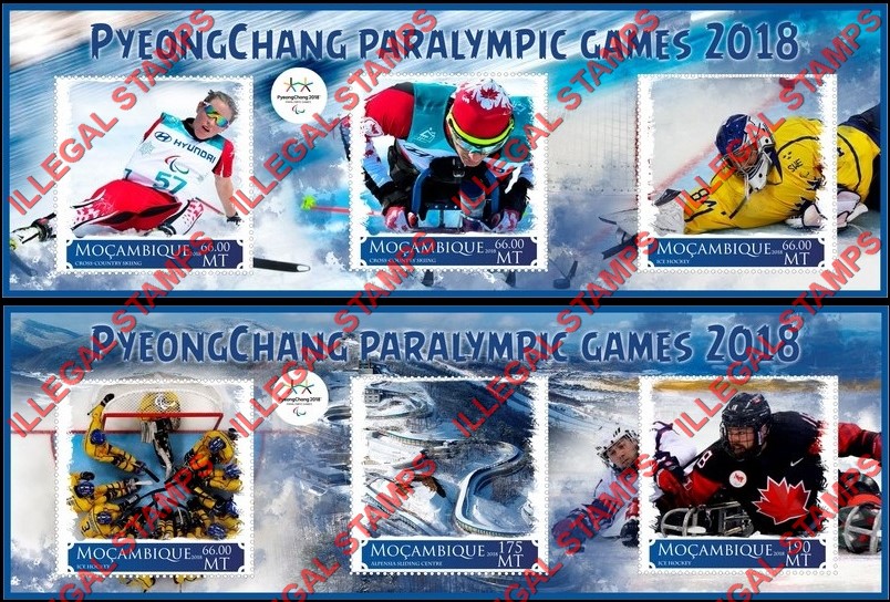 Mozambique 2018 Paralympic Games in PyeongChang Counterfeit Illegal Stamp Souvenir Sheets of 3 Mozambique 2018 Paralympic Games in PyeongChang Counterfeit Illegal Stamp Souvenir Sheets of 3