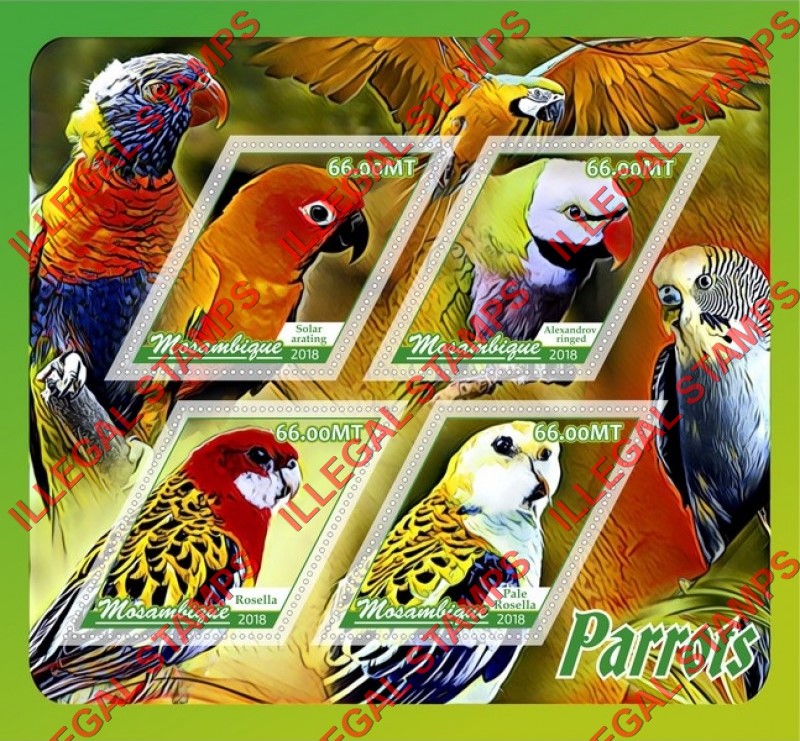 Mozambique 2018 Parrots (different a) Counterfeit Illegal Stamp Souvenir Sheet of 4 Mozambique 2018 Parrots (different a) Counterfeit Illegal Stamp Souvenir Sheet of 4