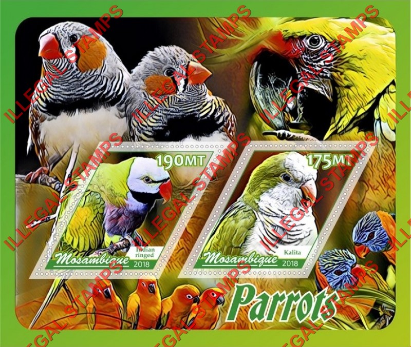 Mozambique 2018 Parrots (different a) Counterfeit Illegal Stamp Souvenir Sheet of 2 Mozambique 2018 Parrots (different a) Counterfeit Illegal Stamp Souvenir Sheet of 2