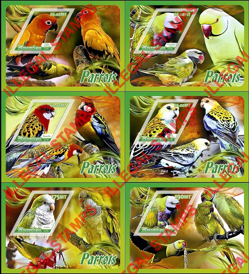 Mozambique 2018 Parrots (different a) Counterfeit Illegal Stamp Souvenir Sheets of 1 Mozambique 2018 Parrots (different a) Counterfeit Illegal Stamp Souvenir Sheets of 1