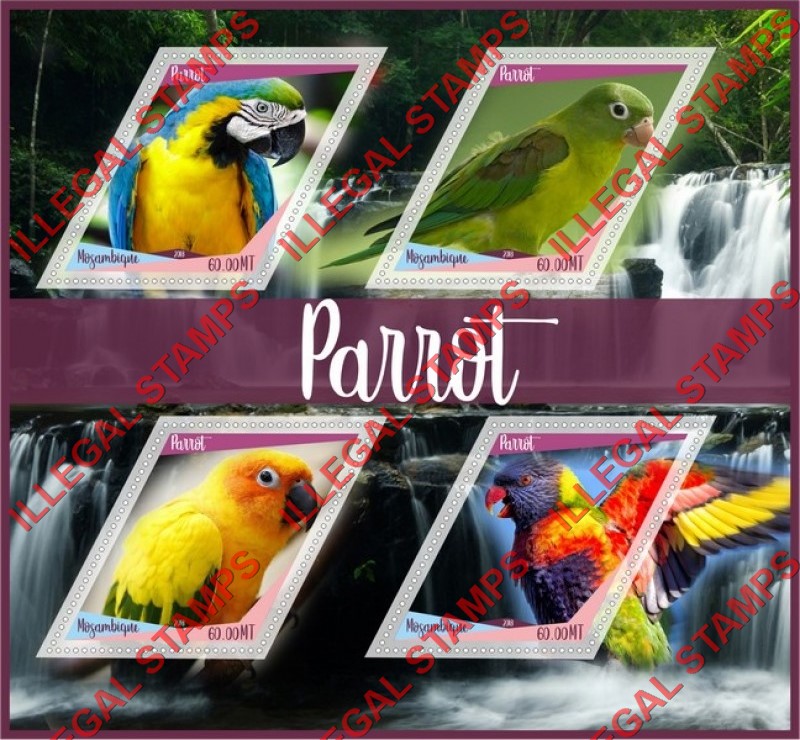 Mozambique 2018 Parrots (different) Counterfeit Illegal Stamp Souvenir Sheet of 4 Mozambique 2018 Parrots (different) Counterfeit Illegal Stamp Souvenir Sheet of 4
