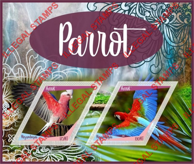 Mozambique 2018 Parrots (different) Counterfeit Illegal Stamp Souvenir Sheet of 2 Mozambique 2018 Parrots (different) Counterfeit Illegal Stamp Souvenir Sheet of 2