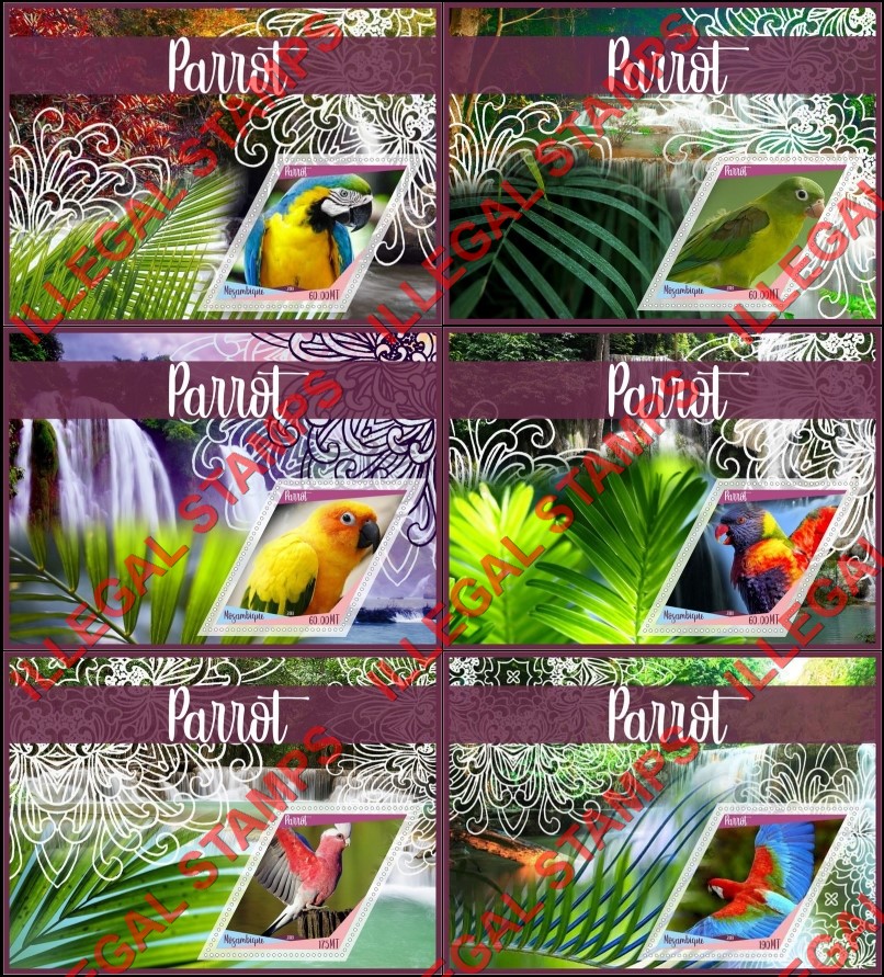 Mozambique 2018 Parrots (different) Counterfeit Illegal Stamp Souvenir Sheets of 1 Mozambique 2018 Parrots (different) Counterfeit Illegal Stamp Souvenir Sheets of 1