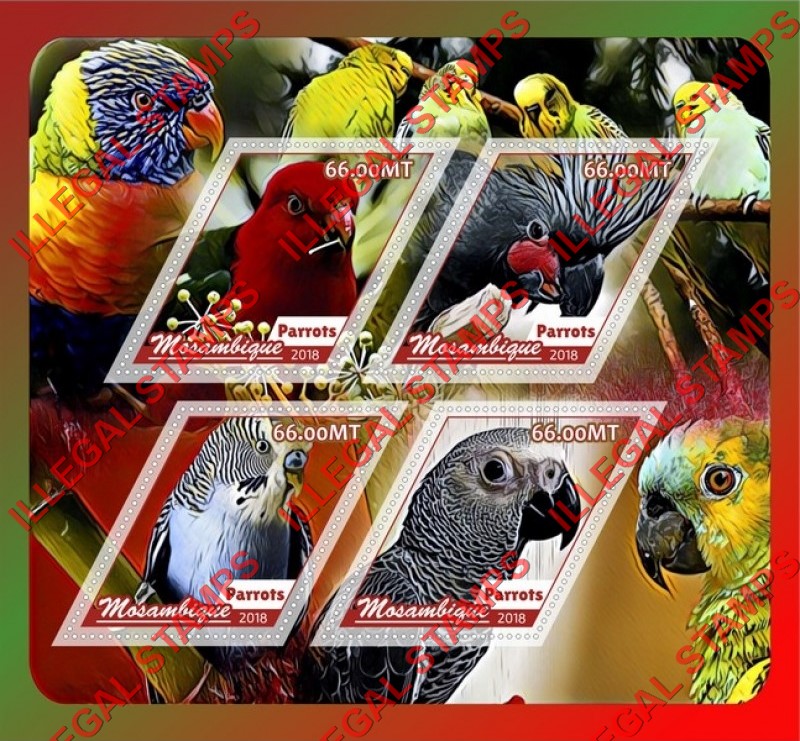 Mozambique 2018 Parrots Counterfeit Illegal Stamp Souvenir Sheet of 4 Mozambique 2018 Parrots Counterfeit Illegal Stamp Souvenir Sheet of 4