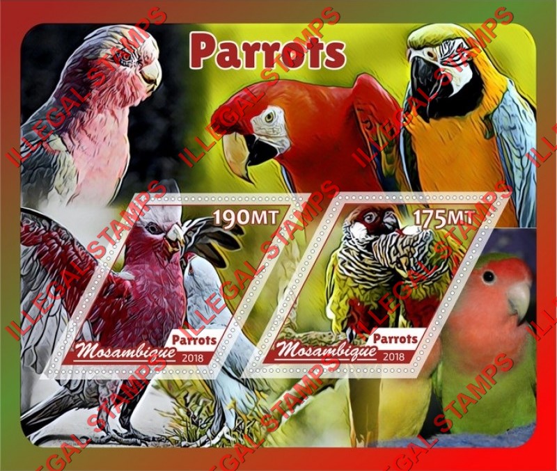 Mozambique 2018 Parrots Counterfeit Illegal Stamp Souvenir Sheet of 2 Mozambique 2018 Parrots Counterfeit Illegal Stamp Souvenir Sheet of 2