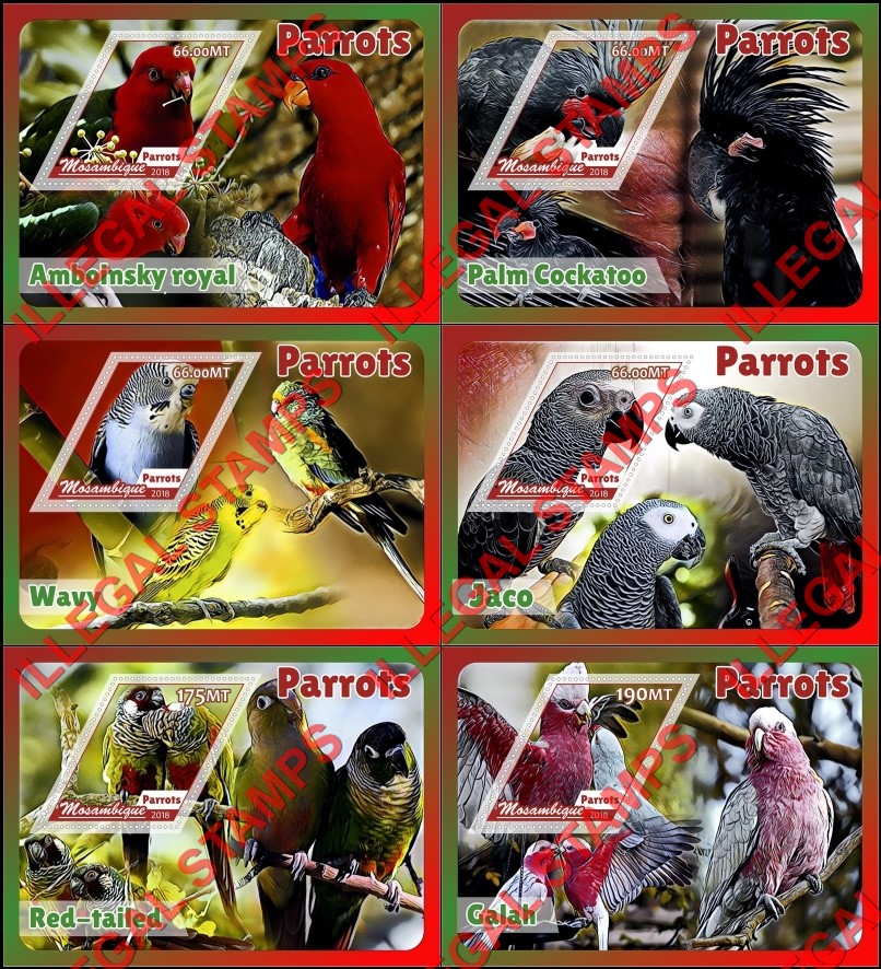 Mozambique 2018 Parrots Counterfeit Illegal Stamp Souvenir Sheets of 1 Mozambique 2018 Parrots Counterfeit Illegal Stamp Souvenir Sheets of 1