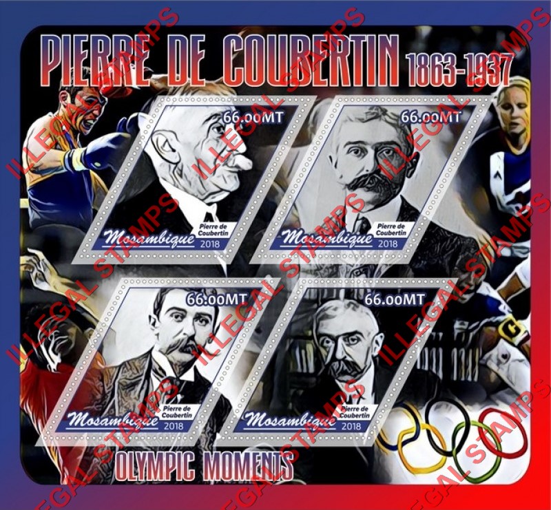 Mozambique 2018 Pierre de Coubertin Counterfeit Illegal Stamp Souvenir Sheet of 4 Mozambique 2018 Pierre de Coubertin Counterfeit Illegal Stamp Souvenir Sheet of 4