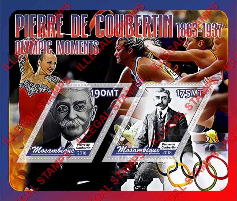 Mozambique 2018 Pierre de Coubertin Counterfeit Illegal Stamp Souvenir Sheet of 2 Mozambique 2018 Pierre de Coubertin Counterfeit Illegal Stamp Souvenir Sheet of 2