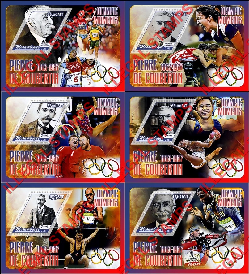Mozambique 2018 Pierre de Coubertin Counterfeit Illegal Stamp Souvenir Sheets of 1 Mozambique 2018 Pierre de Coubertin Counterfeit Illegal Stamp Souvenir Sheets of 1