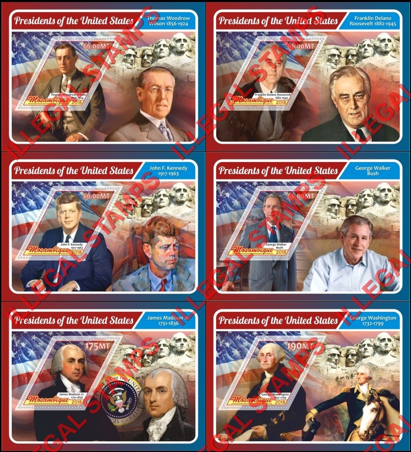Mozambique 2018 Presidents of the United States Counterfeit Illegal Stamp Souvenir Sheets of 1 Mozambique 2018 Presidents of the United States Counterfeit Illegal Stamp Souvenir Sheets of 1