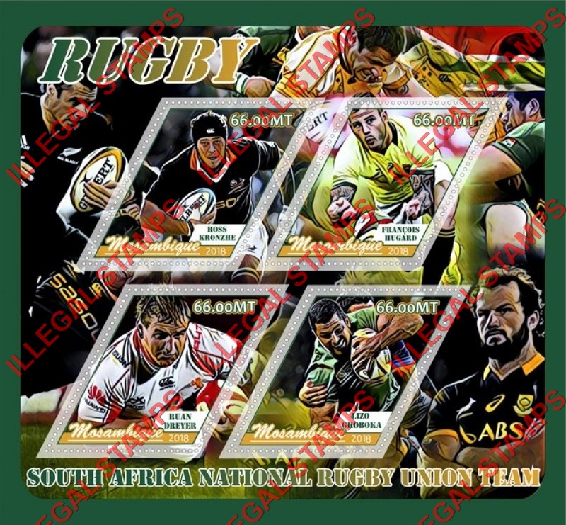 Mozambique 2018 Rugby South Africa Team Counterfeit Illegal Stamp Souvenir Sheet of 4 Mozambique 2018 Rugby South Africa Team Counterfeit Illegal Stamp Souvenir Sheet of 4