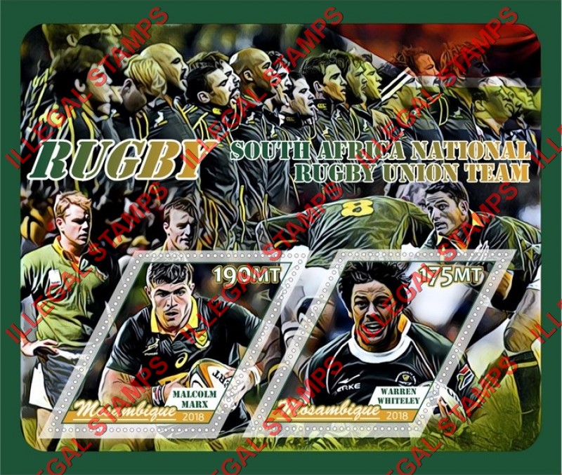 Mozambique 2018 Rugby South Africa Team Counterfeit Illegal Stamp Souvenir Sheet of 2 Mozambique 2018 Rugby South Africa Team Counterfeit Illegal Stamp Souvenir Sheet of 2