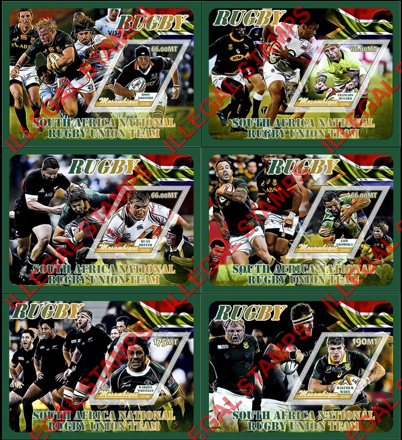 Mozambique 2018 Rugby South Africa Team Counterfeit Illegal Stamp Souvenir Sheets of 1 Mozambique 2018 Rugby South Africa Team Counterfeit Illegal Stamp Souvenir Sheets of 1
