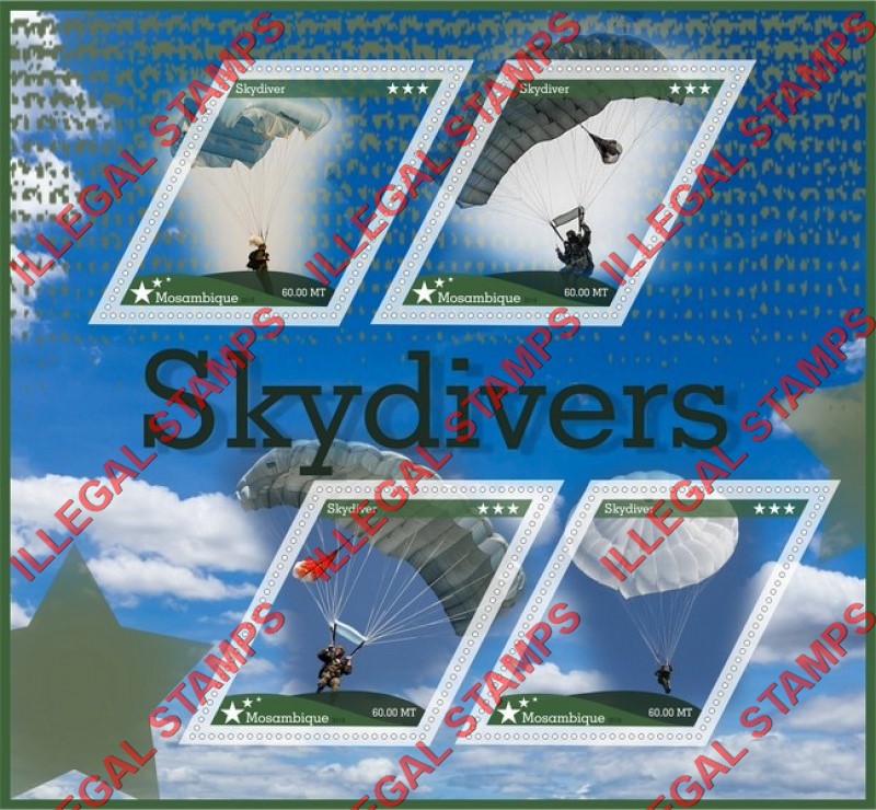 Mozambique 2018 Skydivers Counterfeit Illegal Stamp Souvenir Sheet of 4 Mozambique 2018 Skydivers Counterfeit Illegal Stamp Souvenir Sheet of 4