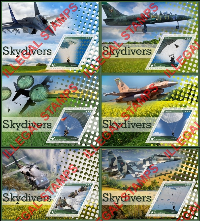 Mozambique 2018 Skydivers Counterfeit Illegal Stamp Souvenir Sheets of 1 Mozambique 2018 Skydivers Counterfeit Illegal Stamp Souvenir Sheets of 1