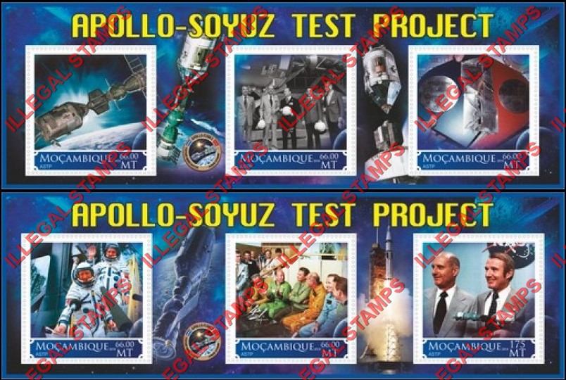 Mozambique 2018 Space Apollo Soyuz Test Project Counterfeit Illegal Stamp Souvenir Sheets of 3 Mozambique 2018 Space Apollo Soyuz Test Project Counterfeit Illegal Stamp Souvenir Sheets of 3