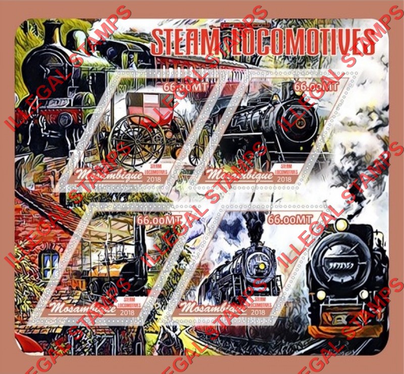 Mozambique 2018 Steam Locomotives Counterfeit Illegal Stamp Souvenir Sheet of 4 Mozambique 2018 Steam Locomotives Counterfeit Illegal Stamp Souvenir Sheet of 4