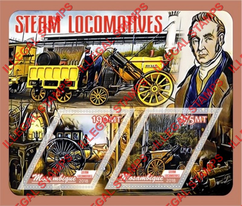 Mozambique 2018 Steam Locomotives Counterfeit Illegal Stamp Souvenir Sheet of 2 Mozambique 2018 Steam Locomotives Counterfeit Illegal Stamp Souvenir Sheet of 2