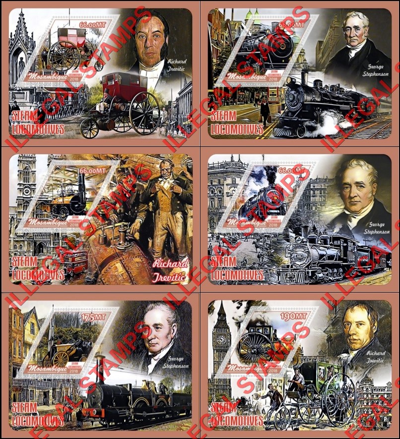 Mozambique 2018 Steam Locomotives Counterfeit Illegal Stamp Souvenir Sheets of 1 Mozambique 2018 Steam Locomotives Counterfeit Illegal Stamp Souvenir Sheets of 1