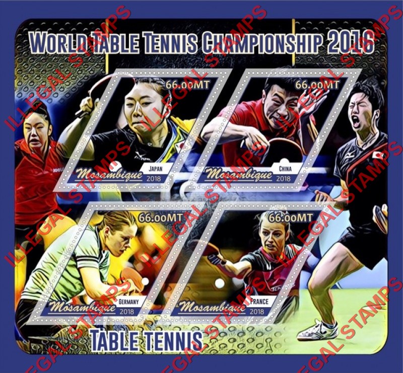 Mozambique 2018 Table Tennis World Championship in 2016 Counterfeit Illegal Stamp Souvenir Sheet of 4 Mozambique 2018 Table Tennis World Championship in 2016 Counterfeit Illegal Stamp Souvenir Sheet of 4