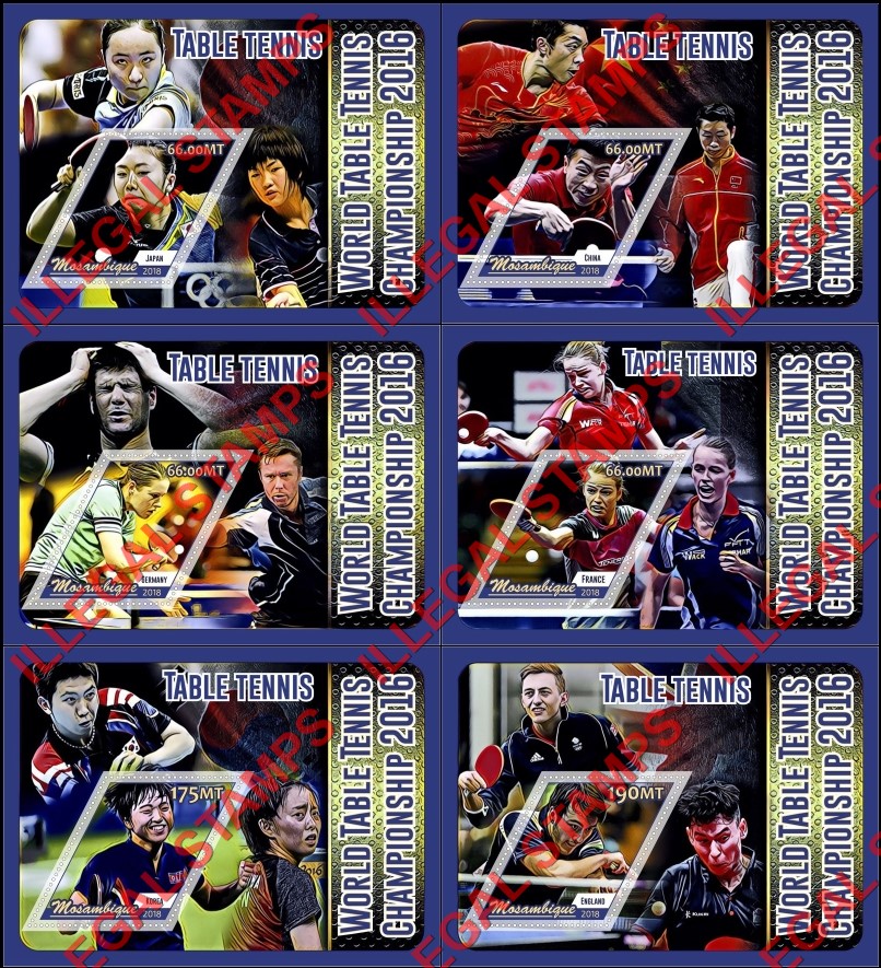 Mozambique 2018 Table Tennis World Championship in 2016 Counterfeit Illegal Stamp Souvenir Sheets of 1 Mozambique 2018 Table Tennis World Championship in 2016 Counterfeit Illegal Stamp Souvenir Sheets of 1