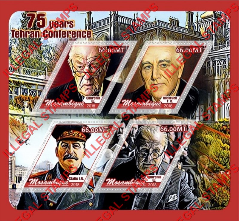 Mozambique 2018 Tehran Conference Counterfeit Illegal Stamp Souvenir Sheet of 4 Mozambique 2018 Tehran Conference Counterfeit Illegal Stamp Souvenir Sheet of 4