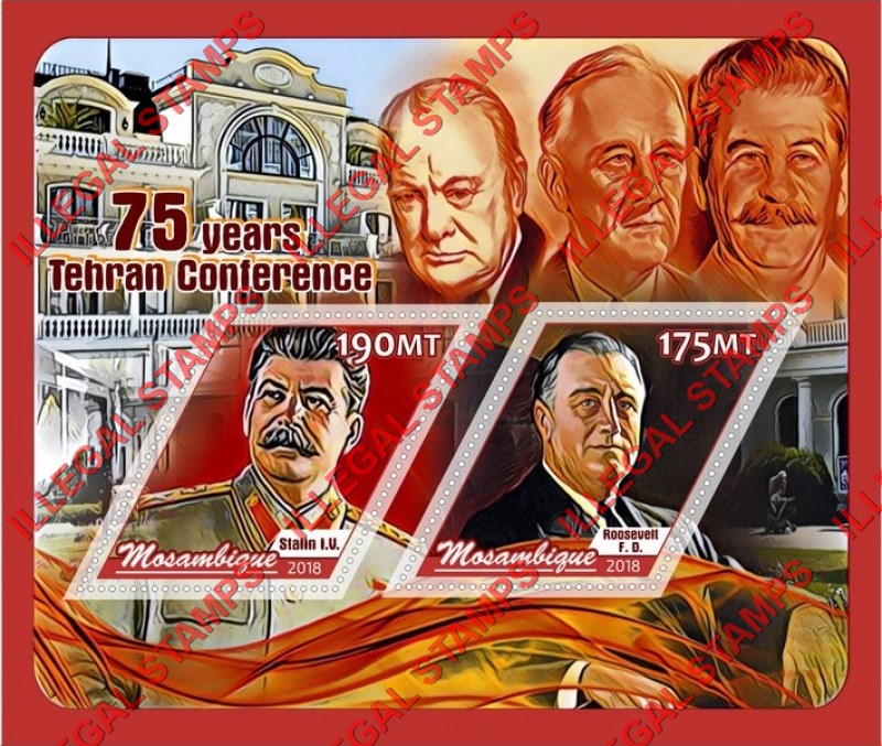 Mozambique 2018 Tehran Conference Counterfeit Illegal Stamp Souvenir Sheet of 2 Mozambique 2018 Tehran Conference Counterfeit Illegal Stamp Souvenir Sheet of 2
