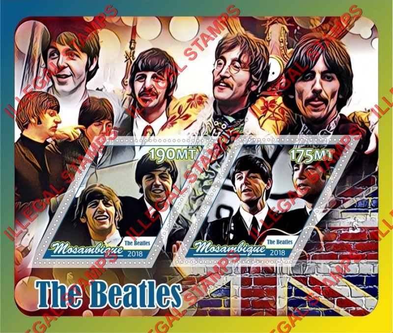 Mozambique 2018 The Beatles Counterfeit Illegal Stamp Souvenir Sheet of 2 Mozambique 2018 The Beatles Counterfeit Illegal Stamp Souvenir Sheet of 2