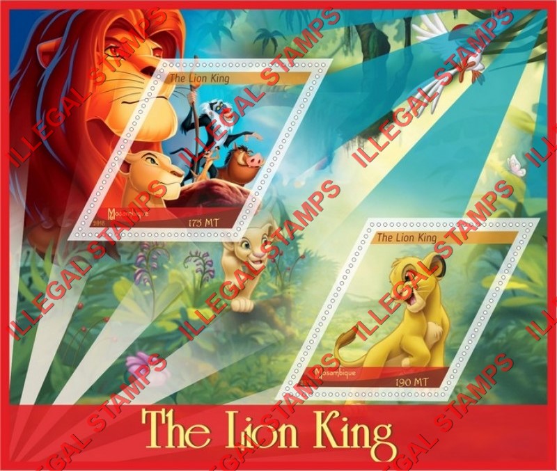 Mozambique 2018 The Lion King Counterfeit Illegal Stamp Souvenir Sheet of 2 Mozambique 2018 The Lion King Counterfeit Illegal Stamp Souvenir Sheet of 2