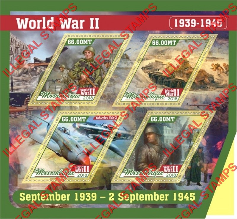Mozambique 2018 World War II Counterfeit Illegal Stamp Souvenir Sheet of 4 Mozambique 2018 World War II Counterfeit Illegal Stamp Souvenir Sheet of 4