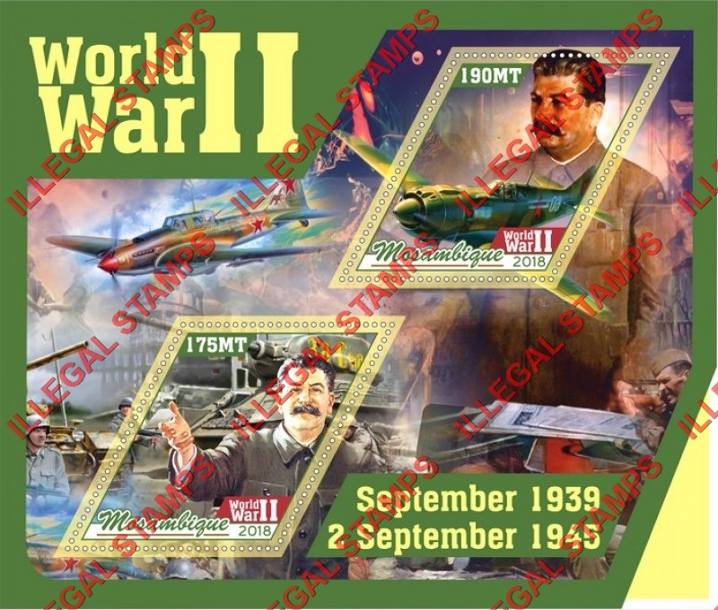 Mozambique 2018 World War II Counterfeit Illegal Stamp Souvenir Sheet of 2 Mozambique 2018 World War II Counterfeit Illegal Stamp Souvenir Sheet of 2