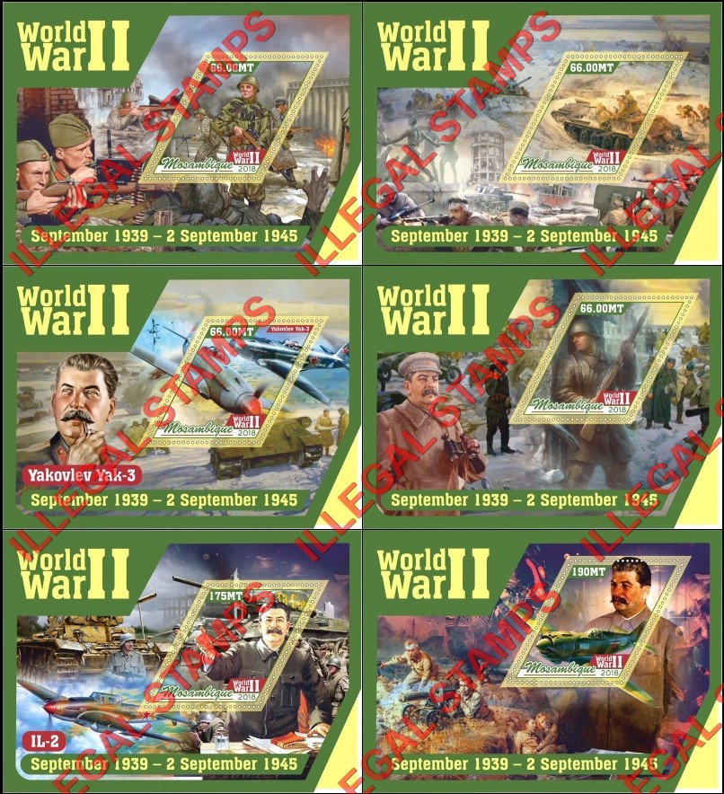 Mozambique 2018 World War II Counterfeit Illegal Stamp Souvenir Sheets of 1 Mozambique 2018 World War II Counterfeit Illegal Stamp Souvenir Sheets of 1