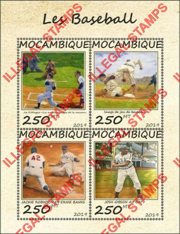 Mozambique 2019 Baseball Counterfeit Illegal Stamp Souvenir Sheet of 4 Mozambique 2019 Baseball Counterfeit Illegal Stamp Souvenir Sheet of 4