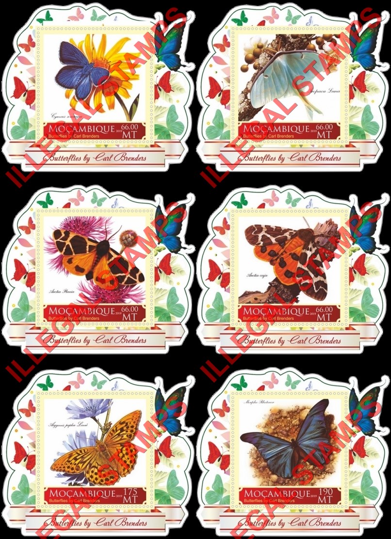 Mozambique 2019 Butterflies Paintings by Carl Brenders Counterfeit Illegal Stamp Souvenir Sheets of 1 Mozambique 2019 Butterflies Paintings by Carl Brenders Counterfeit Illegal Stamp Souvenir Sheets of 1
