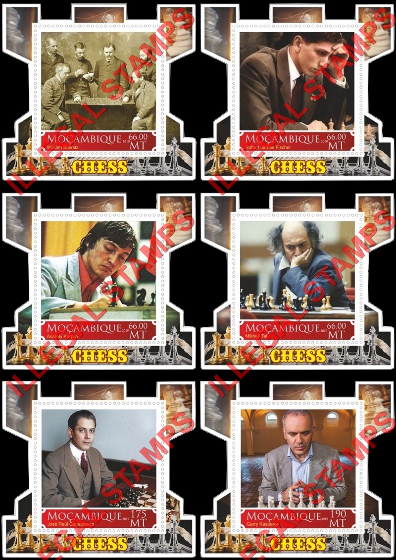Mozambique 2019 Chess Players (different) Counterfeit Illegal Stamp Souvenir Sheets of 1 Mozambique 2019 Chess Players (different) Counterfeit Illegal Stamp Souvenir Sheets of 1