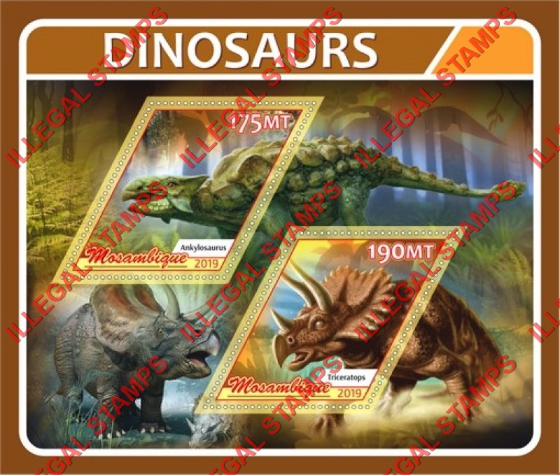 Mozambique 2019 Dinosaurs Counterfeit Illegal Stamp Souvenir Sheet of 2 Mozambique 2019 Dinosaurs Counterfeit Illegal Stamp Souvenir Sheet of 2