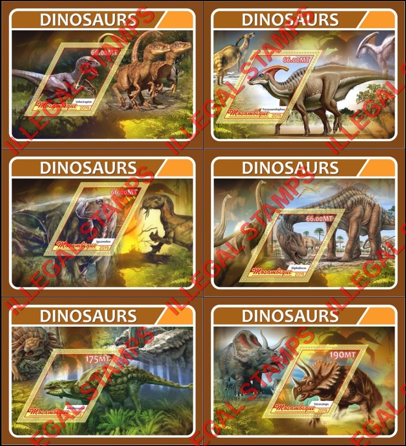 Mozambique 2019 Dinosaurs Counterfeit Illegal Stamp Souvenir Sheets of 1 Mozambique 2019 Dinosaurs Counterfeit Illegal Stamp Souvenir Sheets of 1
