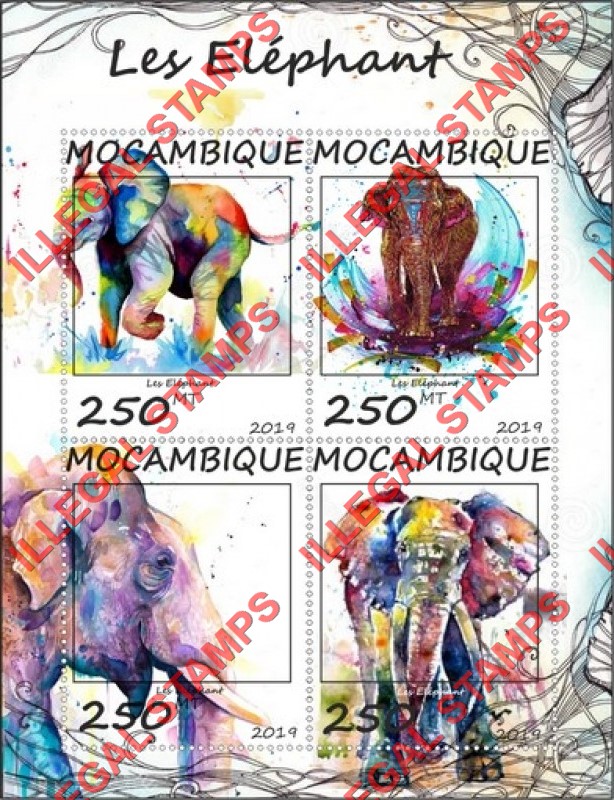 Mozambique 2019 Elephants Counterfeit Illegal Stamp Souvenir Sheet of 4 Mozambique 2019 Elephants Counterfeit Illegal Stamp Souvenir Sheet of 4
