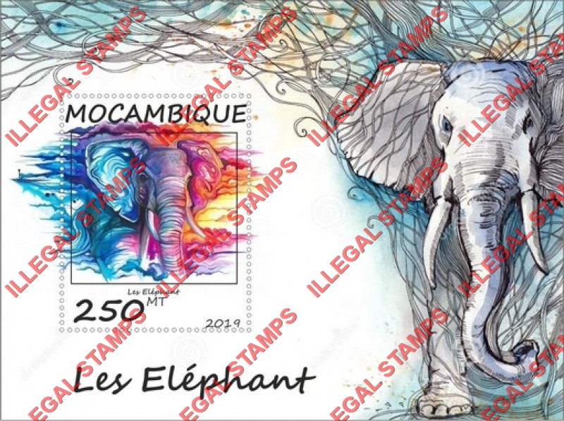 Mozambique 2019 Elephants Counterfeit Illegal Stamp Souvenir Sheet of 1 Mozambique 2019 Elephants Counterfeit Illegal Stamp Souvenir Sheet of 1