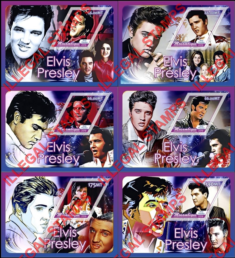 Mozambique 2019 Elvis Presley Counterfeit Illegal Stamp Souvenir Sheets of 1 Mozambique 2019 Elvis Presley Counterfeit Illegal Stamp Souvenir Sheets of 1