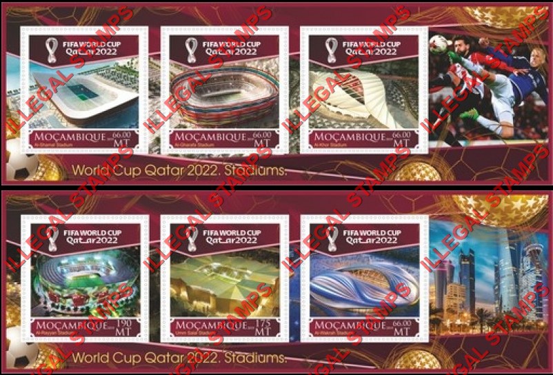 Mozambique 2019 FIFA World Cup Soccer in Qatar in 2022 Stadiums Counterfeit Illegal Stamp Souvenir Sheets of 3 Mozambique 2019 FIFA World Cup Soccer in Qatar in 2022 Stadiums Counterfeit Illegal Stamp Souvenir Sheets of 3