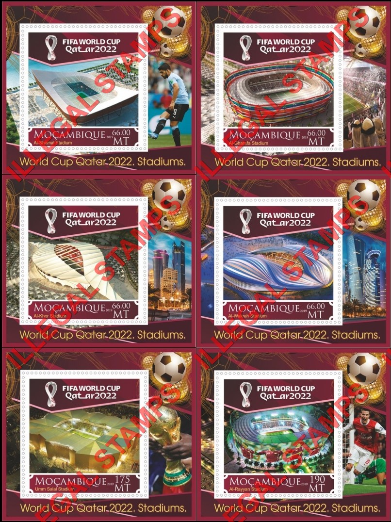 Mozambique 2019 FIFA World Cup Soccer in Qatar in 2022 Stadiums Counterfeit Illegal Stamp Souvenir Sheets of 1 Mozambique 2019 FIFA World Cup Soccer in Qatar in 2022 Stadiums Counterfeit Illegal Stamp Souvenir Sheets of 1