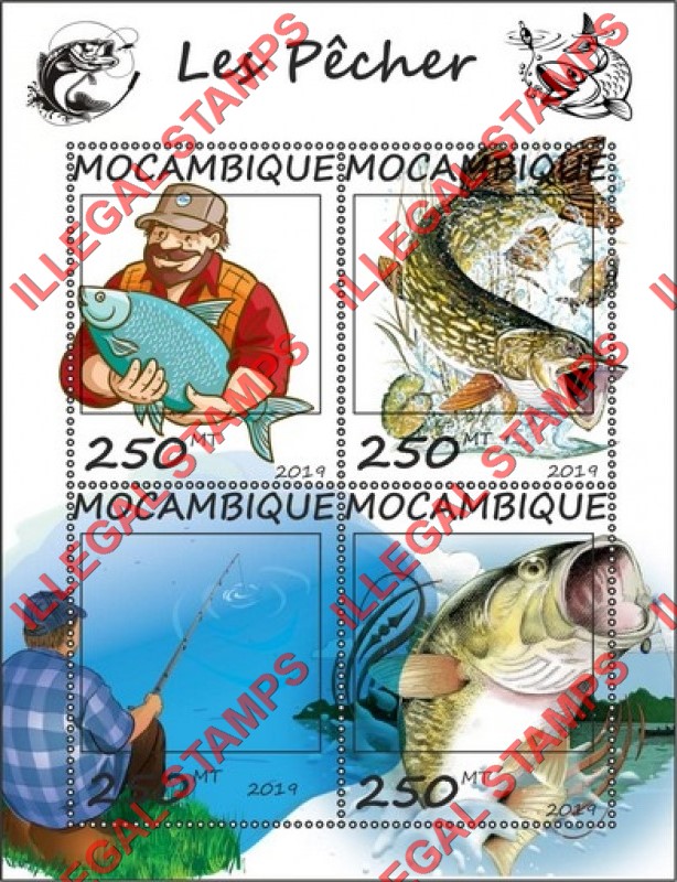 Mozambique 2019 Fish Fishing Counterfeit Illegal Stamp Souvenir Sheet of 4 Mozambique 2019 Fish Fishing Counterfeit Illegal Stamp Souvenir Sheet of 4