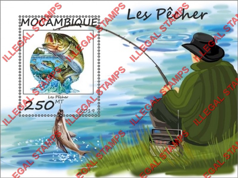 Mozambique 2019 Fish Fishing Counterfeit Illegal Stamp Souvenir Sheet of 1 Mozambique 2019 Fish Fishing Counterfeit Illegal Stamp Souvenir Sheet of 1