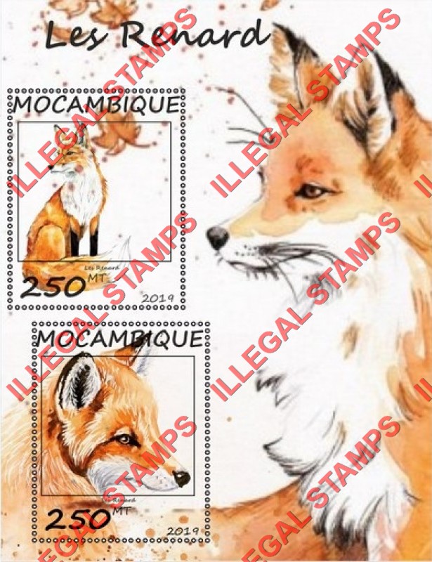 Mozambique 2019 Foxes Counterfeit Illegal Stamp Souvenir Sheet of 2 Mozambique 2019 Foxes Counterfeit Illegal Stamp Souvenir Sheet of 2